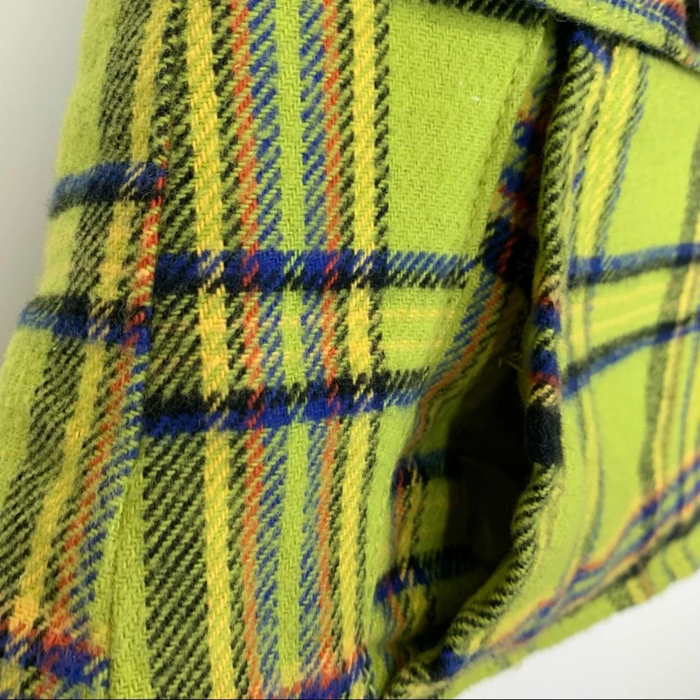 Mossimo Supply Co Retro Lime Green Blue Multi Plaid Full Zip Vest Faux Fur Hood - Picture 7 of 15